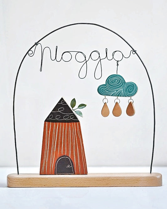 PIOGGIA - Decorazione in filo di ferro e legno