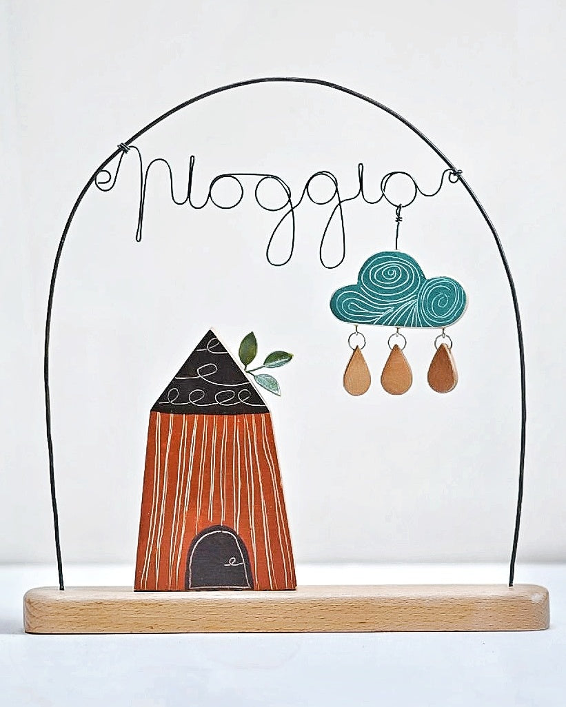 Decorazione in filo di ferro e legno "Pioggia"