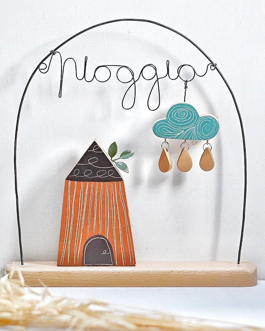 Decorazione in filo di ferro e legno "Pioggia"